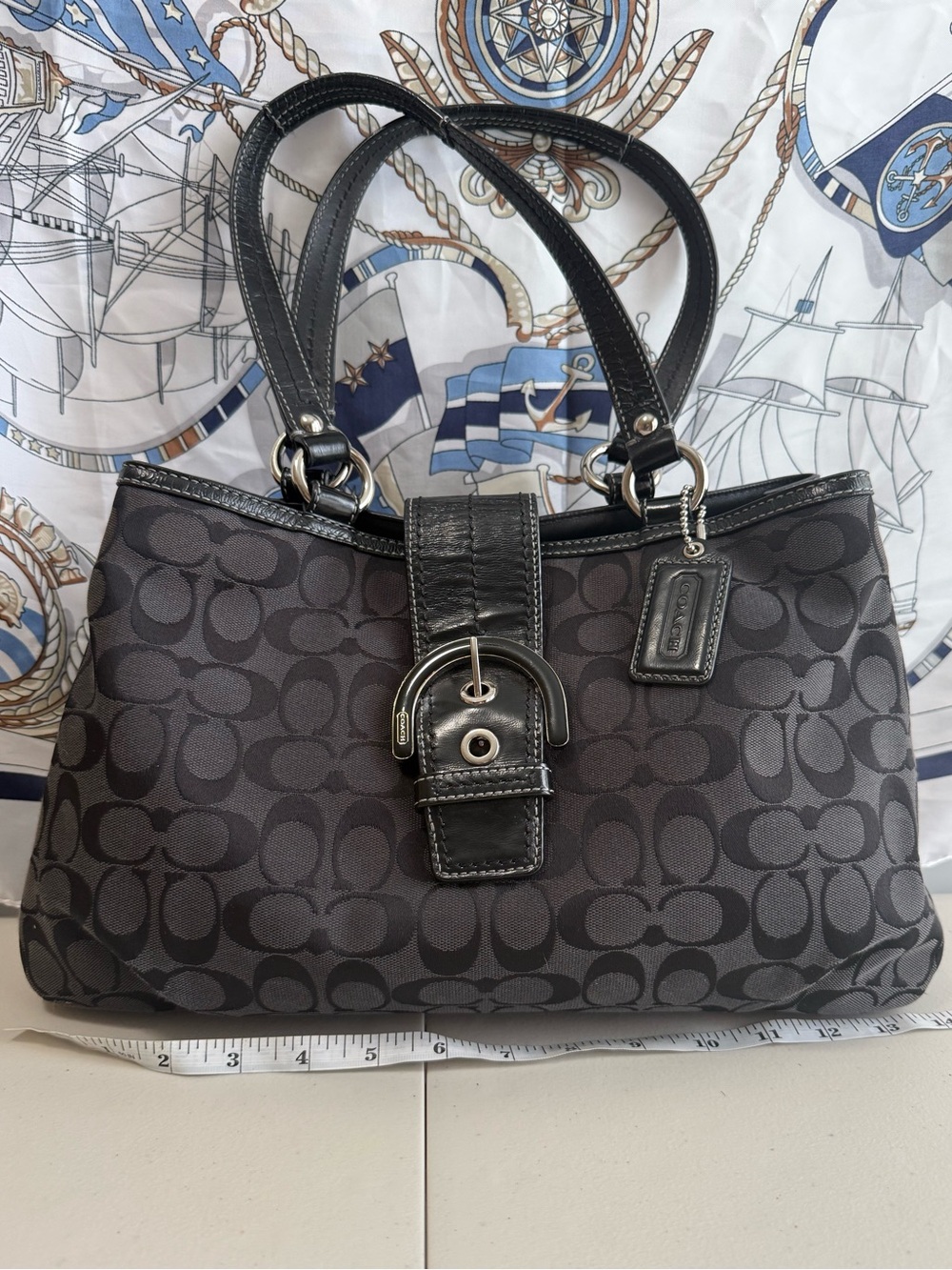 Vintage Coach Black Signature Canvas Shoulder Bag with Buckle Detail